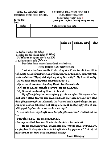 Đề kiểm tra cuối học kỳ I môn Tiếng Việt Lớp 5 - Năm học 2024-2025 - Trường Tiểu học Đại Hà (Có đáp án)