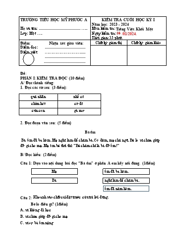Đề kiểm tra cuối học kỳ I môn Tiếng Việt + Toán Khối 1 - Năm học 2023-2024 - Trường Tiểu học Mỹ Phước A (Có đáp án + Ma trận)