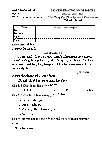 Đề kiểm tra cuối học kỳ I môn Tiếng Việt + Toán Lớp 1 - Năm học 2024-2025 - Trường Tiểu học Lập Lễ (Có đáp án)