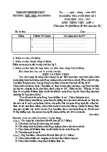 Đề kiểm tra cuối học kỳ I môn Tiếng Việt + Toán Lớp 3 - Năm học 2024-2025 - Trường Tiểu học Đại Đồng (Có đáp án)