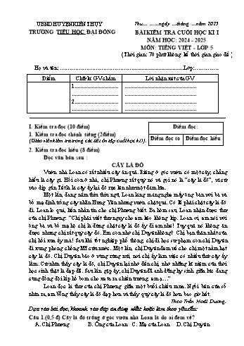 Đề kiểm tra cuối học kỳ I môn Tiếng Việt + Toán Lớp 5 - Năm học 2024-2025 - Trường Tiểu học Đại Đồng (Có đáp án)