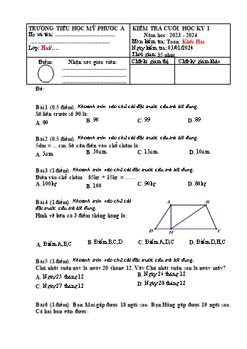 Đề kiểm tra cuối học kỳ I môn Toán Khối 2 - Năm học 2023-2024 - Trường Tiểu học Mỹ Phước A (Có đáp án + Ma trận)