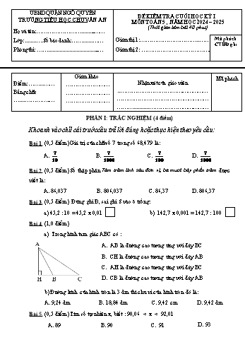 Đề kiểm tra cuối học kỳ I môn Toán Khối 5 - Năm học 2024-2025 - Trường Tiểu học Chu Văn An (Có đáp án + Ma trận)