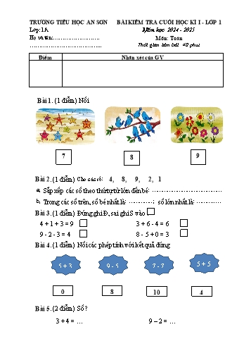 Đề kiểm tra cuối học kỳ I môn Toán Lớp 1 - Năm học 2024-2025 - Trường Tiểu học An Sơn (Có đáp án + Ma trận)