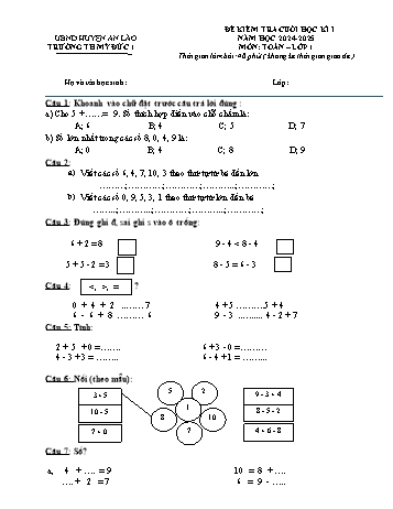 Đề kiểm tra cuối học kỳ I môn Toán Lớp 1 - Năm học 2024-2025 - Trường Tiểu học Mỹ Đức 1 (Có đáp án)