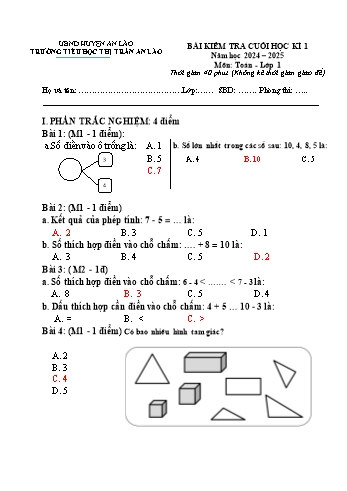 Đề kiểm tra cuối học kỳ I môn Toán Lớp 1 - Năm học 2024-2025 - Trường Tiểu học Thị trấn An Lão (Có đáp án + Ma trận)