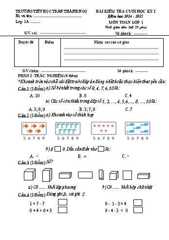 Đề kiểm tra cuối học kỳ I môn Toán Lớp 1 - Năm học 2024-2025 - Trường Tiểu học Trần Thành Ngọ (Có đáp án)