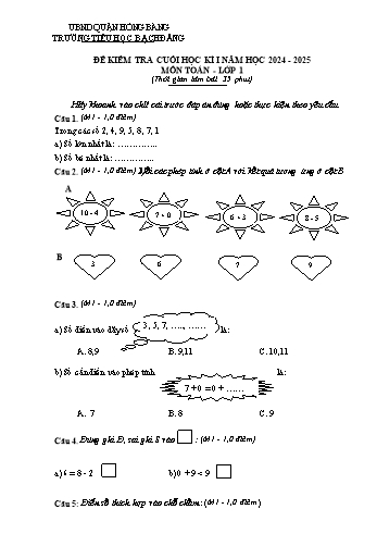 Đề kiểm tra cuối học kỳ I môn Toán Lớp 1 - Năm học 2024-2025 - Trường Tiểu học Bạch Đằng (Có đáp án)