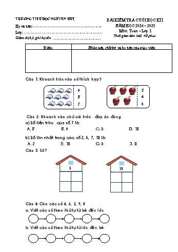 Đề kiểm tra cuối học kỳ I môn Toán Lớp 1 - Năm học 2024-2025 - Trường Tiểu học Nguyễn Huệ (Có đáp án)