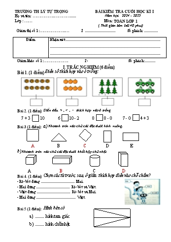 Đề kiểm tra cuối học kỳ I môn Toán Lớp 1 - Năm học 2024-2025 - Trường Tiểu học Lý Tự Trọng (Có đáp án)