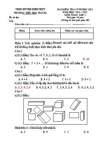 Đề kiểm tra cuối học kỳ I môn Toán Lớp 1 - Năm học 2024-2025 - Trường Tiểu học Đại Hà (Có đáp án)
