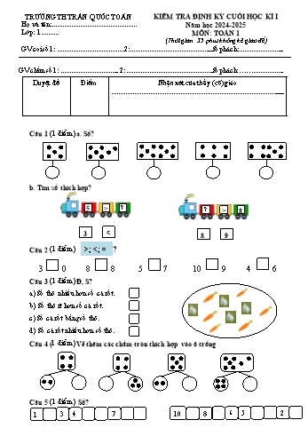 Đề kiểm tra cuối học kỳ I môn Toán Lớp 1 - Năm học 2024-2025 - Trường Tiểu học Trần Quốc Toản (Có đáp án)