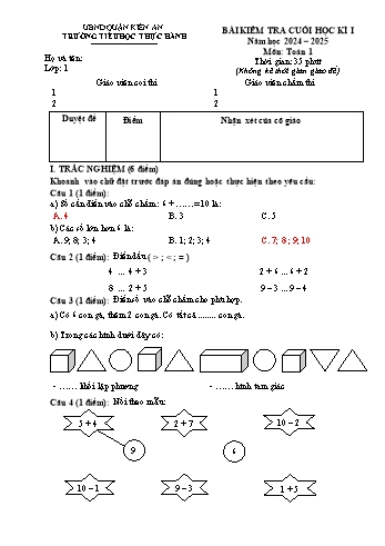 Đề kiểm tra cuối học kỳ I môn Toán Lớp 1 - Năm học 2024-2025 - Trường Tiểu học Thực Hành (Có đáp án)