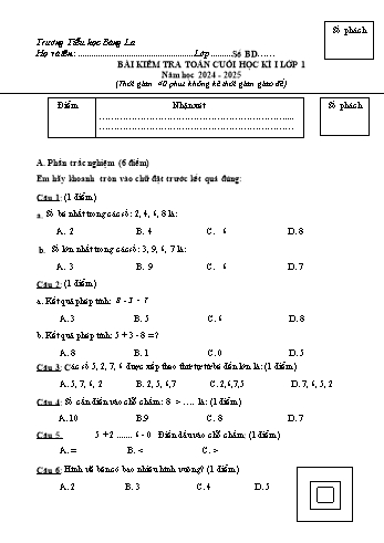 Đề kiểm tra cuối học kỳ I môn Toán Lớp 1 - Năm học 2024-2025 - Trường Tiểu học Bàng La (Có đáp án + Ma trận)