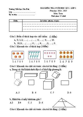 Đề kiểm tra cuối học kỳ I môn Toán Lớp 1 - Năm học 2024-2025 - Trường Tiểu học Gia Đức