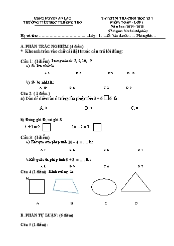 Đề kiểm tra cuối học kỳ I môn Toán Lớp 1 - Năm học 2024-2025 - Trường Tiểu học Trường Thọ (Có đáp án)