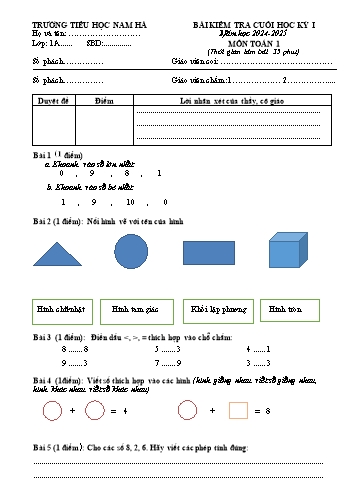 Đề kiểm tra cuối học kỳ I môn Toán Lớp 1 - Năm học 2024-2025 - Trường Tiểu học Nam Hà