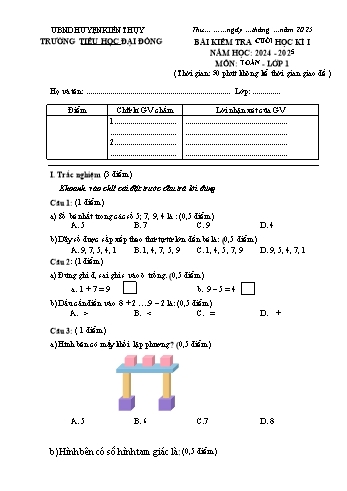 Đề kiểm tra cuối học kỳ I môn Toán Lớp 1 - Năm học 2024-2025 - Trường Tiểu học Đại Đồng (Có đáp án)