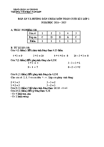 Đề kiểm tra cuối học kỳ I môn Toán Lớp 1 - Năm học 2024-2025 - Trường Tiểu học Nam Sơn (Có đáp án + Ma trận)