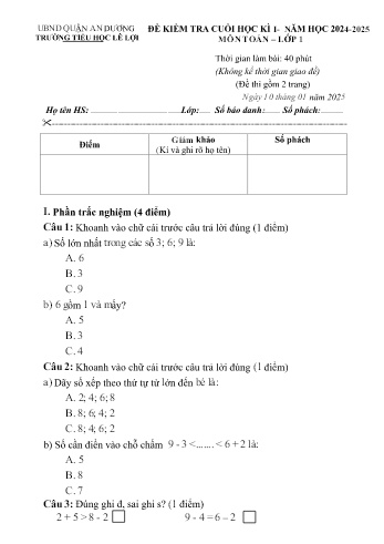 Đề kiểm tra cuối học kỳ I môn Toán Lớp 1 - Năm học 2024-2025 - Trường Tiểu học Lê Lợi (Có đáp án + Ma trận)