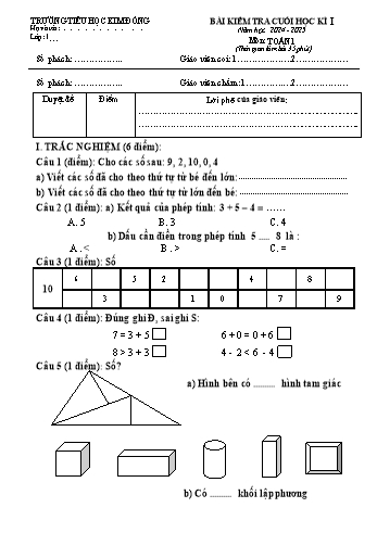 Đề kiểm tra cuối học kỳ I môn Toán Lớp 1 - Năm học 2024-2025 - Trường Tiểu học Kim Đồng (Có đáp án)