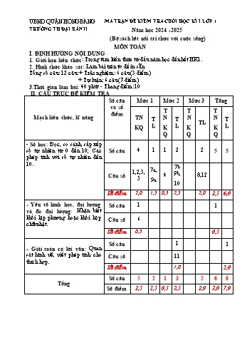 Đề kiểm tra cuối học kỳ I môn Toán Lớp 1 - Năm học 2024-2025 - Trường Tiểu học Đại Bản II (Có đáp án + Ma trận)