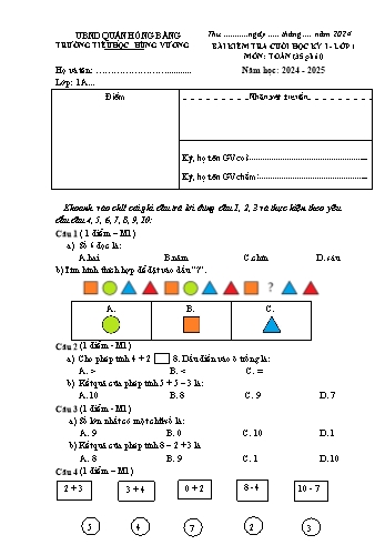 Đề kiểm tra cuối học kỳ I môn Toán Lớp 1 - Năm học 2024-2025 - Trường Tiểu học Hùng Vương (Có đáp án)