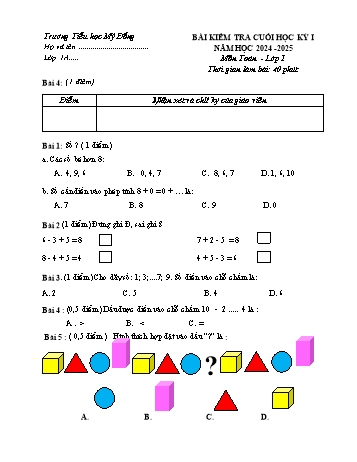 Đề kiểm tra cuối học kỳ I môn Toán Lớp 1 - Năm học 2024-2025 - Trường Tiểu học Mỹ Đồng (Có đáp án + Ma trận)