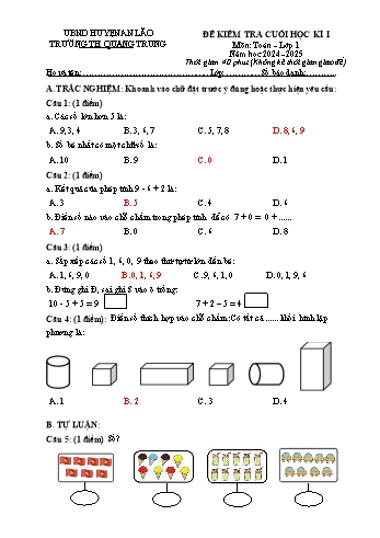 Đề kiểm tra cuối học kỳ I môn Toán Lớp 1 - Năm học 2024-2025 - Trường Tiểu học Quang Trung (Có đáp án + Ma trận)