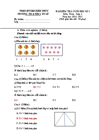 Đề kiểm tra cuối học kỳ I môn Toán Lớp 1 - Năm học 2024-2025 - Trường TH&THCS Du Lễ (Có đáp án)