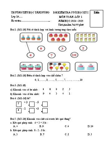 Đề kiểm tra cuối học kỳ I môn Toán Lớp 1 - Năm học 2024-2025 - Trường Tiểu học Tân Dương (Có đáp án)