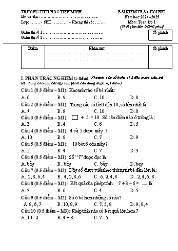 Đề kiểm tra cuối học kỳ I môn Toán Lớp 1 - Năm học 2024-2025 - Trường Tiểu học Tiên Minh (Có đáp án)