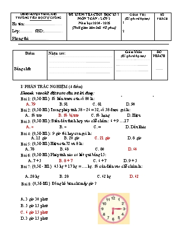 Đề kiểm tra cuối học kỳ I môn Toán Lớp 2 - Năm học 2024-2025 - Trường Tiểu học Tự Cường (Có ma trận)