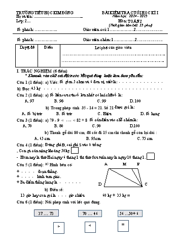 Đề kiểm tra cuối học kỳ I môn Toán Lớp 2 - Năm học 2024-2025 - Trường Tiểu học Kim Đồng (Có đáp án)
