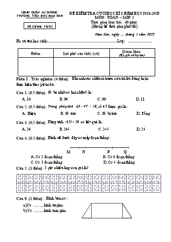 Đề kiểm tra cuối học kỳ I môn Toán Lớp 2 - Năm học 2024-2025 - Trường Tiểu học Nam Sơn (Có đáp án + Ma trận)