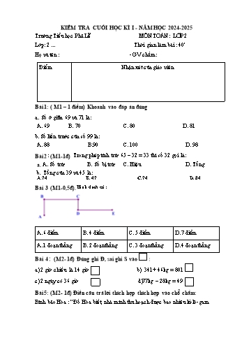 Đề kiểm tra cuối học kỳ I môn Toán Lớp 2 - Năm học 2024-2025 - Trường Tiểu học Phả Lễ (Có đáp án)