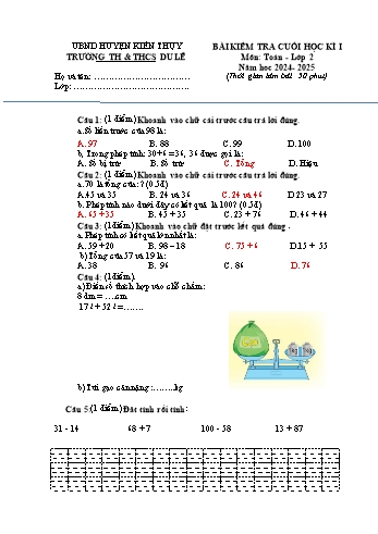 Đề kiểm tra cuối học kỳ I môn Toán Lớp 2 - Năm học 2024-2025 - Trường TH&THCS Du Lễ (Có đáp án)