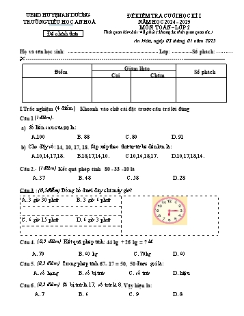 Đề kiểm tra cuối học kỳ I môn Toán Lớp 2 - Năm học 2024-2025 - Trường Tiểu học An Hòa (Có đáp án)