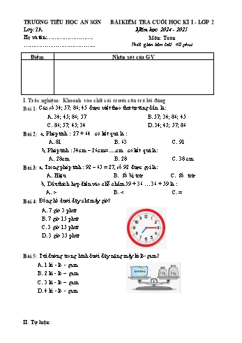 Đề kiểm tra cuối học kỳ I môn Toán Lớp 2 - Năm học 2024-2025 - Trường Tiểu học An Sơn (Có đáp án + Ma trận)