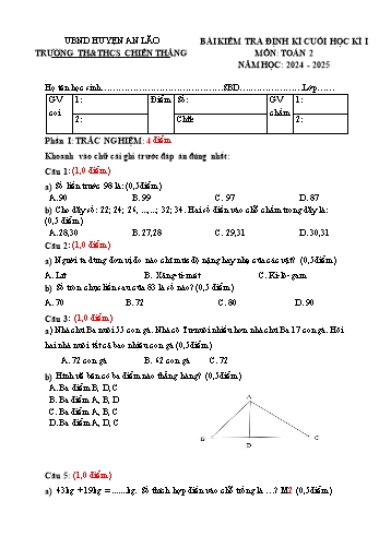 Đề kiểm tra cuối học kỳ I môn Toán Lớp 2 - Năm học 2024-2025 - Trường TH&THCS Chiến Thắng (Có đáp án + Ma trận)