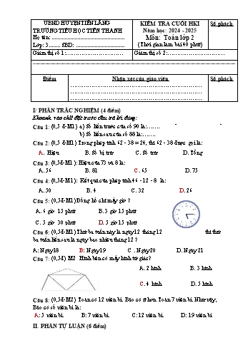 Đề kiểm tra cuối học kỳ I môn Toán Lớp 2 - Năm học 2024-2025 - Trường Tiểu học Tiên Thanh (Có đáp án + Ma trận)