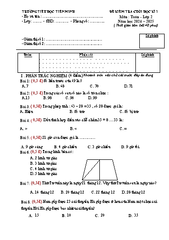 Đề kiểm tra cuối học kỳ I môn Toán Lớp 2 - Năm học 2024-2025 - Trường Tiểu học Tiên Minh (Có đáp án)
