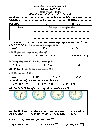 Đề kiểm tra cuối học kỳ I môn Toán Lớp 2 - Năm học 2024-2025 - Trường Tiểu học Đồng Hòa (Có đáp án)