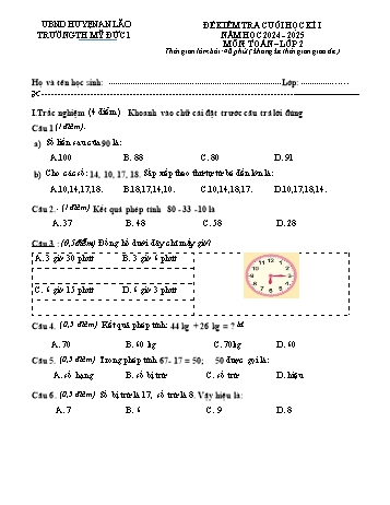 Đề kiểm tra cuối học kỳ I môn Toán Lớp 2 - Năm học 2024-2025 - Trường Tiểu học Mỹ Đức 1 (Có đáp án)
