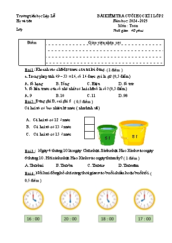 Đề kiểm tra cuối học kỳ I môn Toán Lớp 2 - Năm học 2024-2025 - Trường Tiểu học Lập Lễ (Có đáp án + Ma trận)