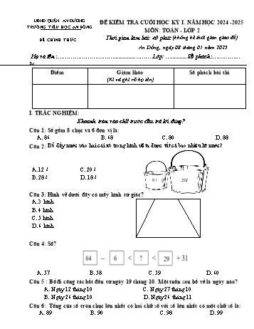 Đề kiểm tra cuối học kỳ I môn Toán Lớp 2 - Năm học 2024-2025 - Trường Tiểu học An Đồng (Có đáp án)