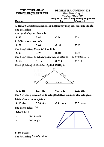 Đề kiểm tra cuối học kỳ I môn Toán Lớp 2 - Năm học 2024-2025 - Trường Tiểu học Quang Trung (Có đáp án + Ma trận)