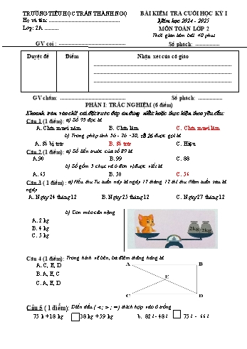 Đề kiểm tra cuối học kỳ I môn Toán Lớp 2 - Năm học 2024-2025 - Trường Tiểu học Trần Thành Ngọ (Có đáp án)
