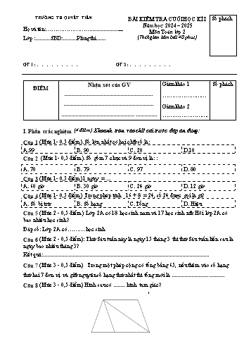 Đề kiểm tra cuối học kỳ I môn Toán Lớp 2 - Năm học 2024-2025 - Trường Tiểu học Quyết Tiến