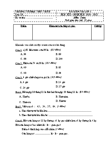 Đề kiểm tra cuối học kỳ I môn Toán Lớp 2 - Năm học 2024-2025 - Trường Tiểu học Thủy Triều (Có đáp án + Ma trận)